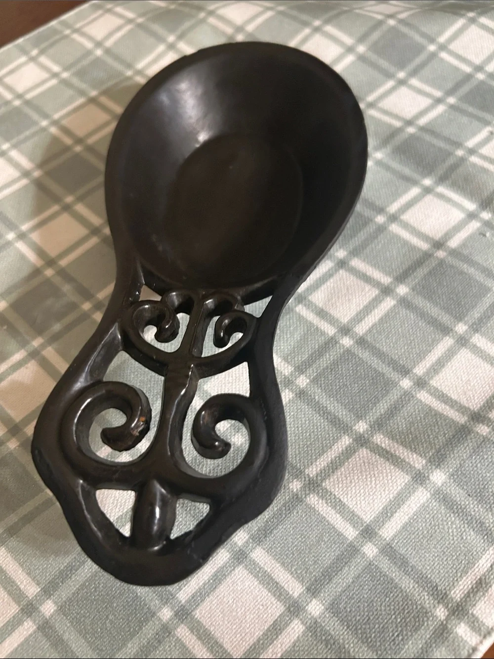 Decorative Black Iron Spoon Rest with Ornate Handle